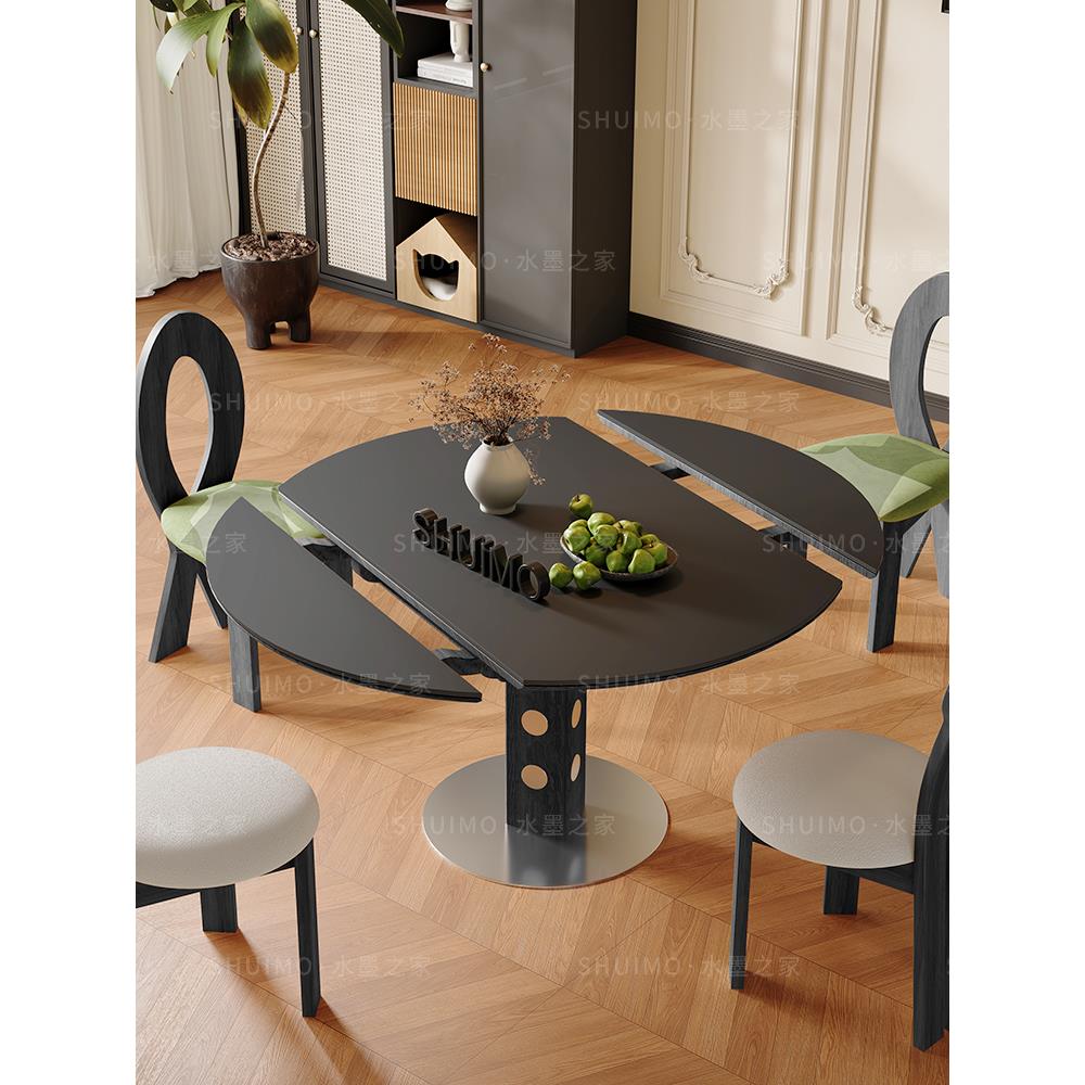 德利丰洞石岩板伸缩餐桌家用小户型实木包豪斯折叠桌方圆两用饭桌