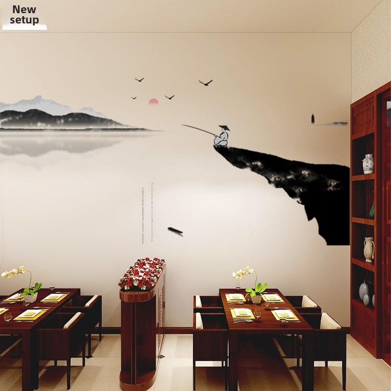 中国风中式古典水墨画意境墙贴纸徽派屋檐荷花山水出租房墙面改造