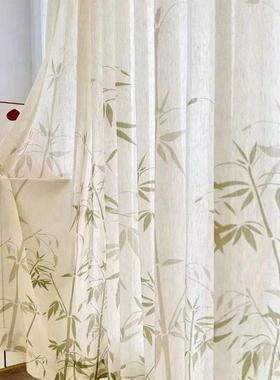 窗帘绿色竹叶新中式纱帘书房茶楼客厅飘窗麻纱道具背景装饰古风