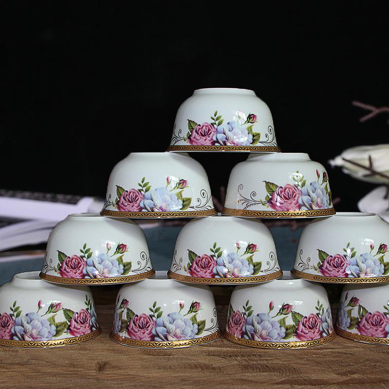 10只4.5英寸景德镇金边骨瓷碗家用餐具套装中式金钟碗创意吃饭碗