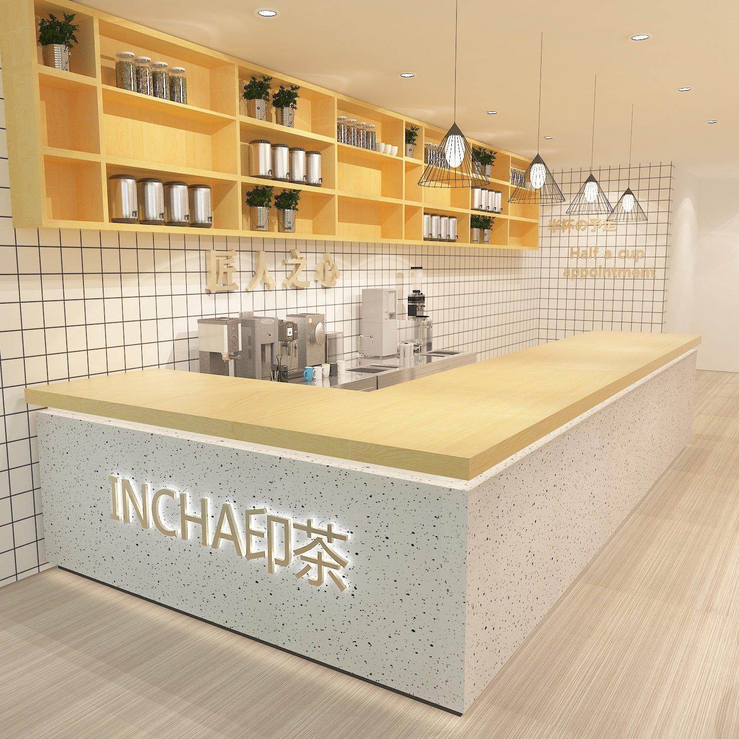 奶茶店吧台桌蛋糕烘焙咖啡水果大理石收银柜台柜台烤漆弧形转角定