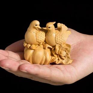 太行崖柏鸳鸯摆件鸳鸯戏水成双成对寓意好实木雕刻工艺品桌面饰品