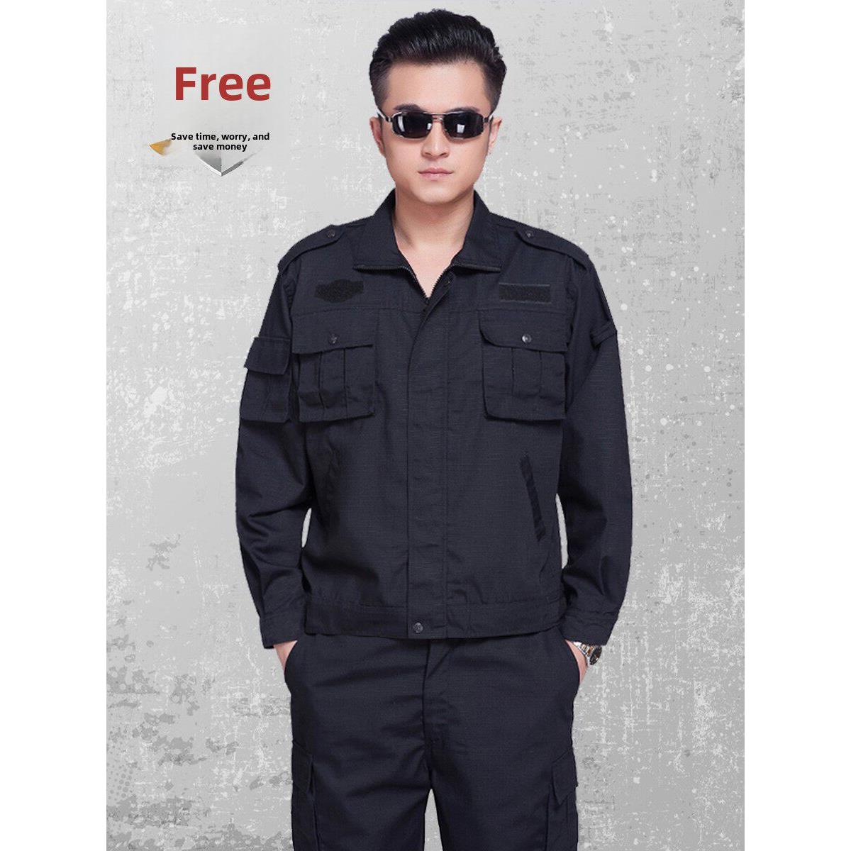 藏蓝网格作训服套装春秋长袖训练服防撕裂保安服上衣外套工作服