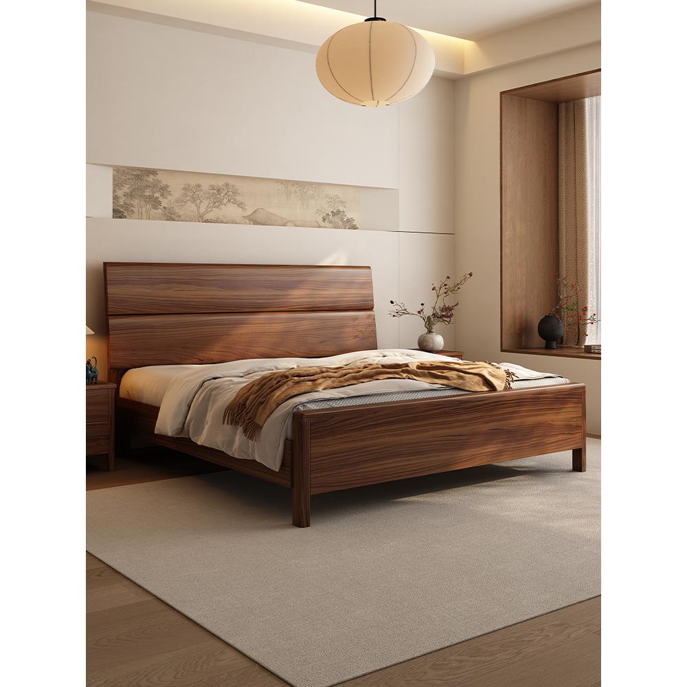 新中式黑胡桃木实木床1.8米双人床家用卧室1.5米单人床榫卯高箱床