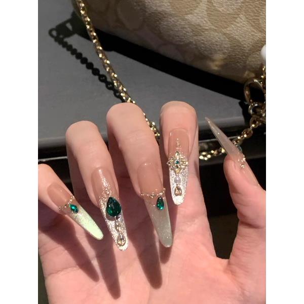 「祖母绿」纯手工穿戴甲夏日中长款猫眼轻奢复古气质显白美甲贴片