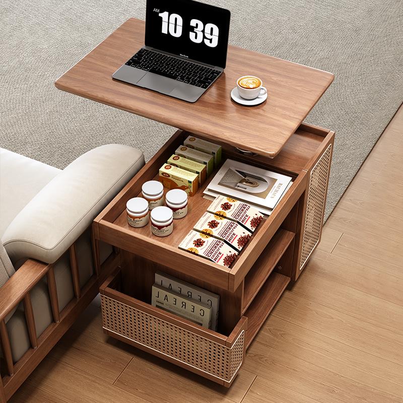 实木升降带轮茶几2025年新款小户型客厅家用沙发移动旋转小推车