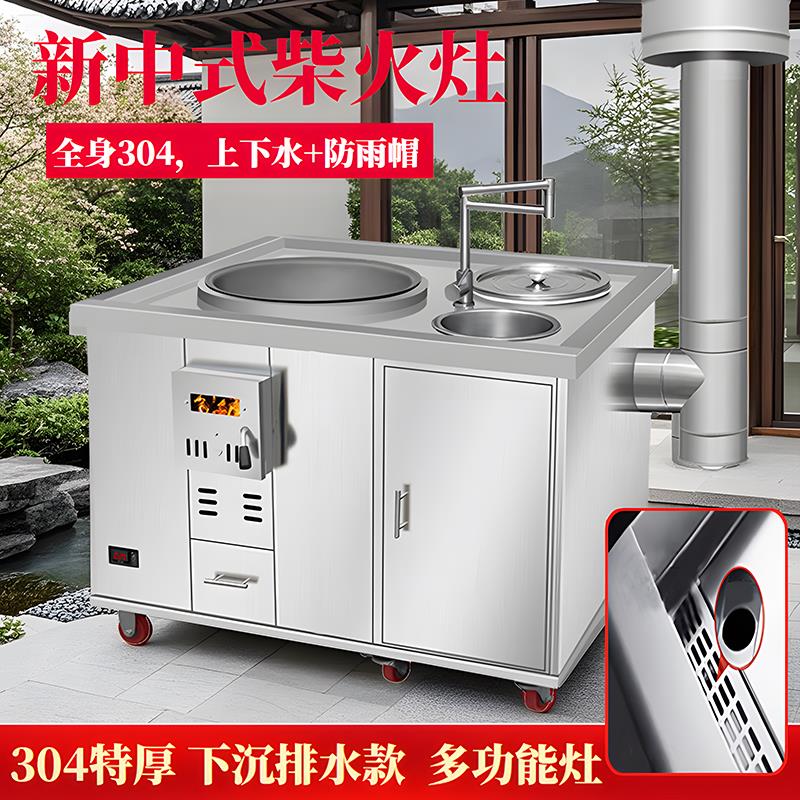 农村柴火灶家用烧木柴304加厚不锈钢移动双锅台面排水多功能灶台