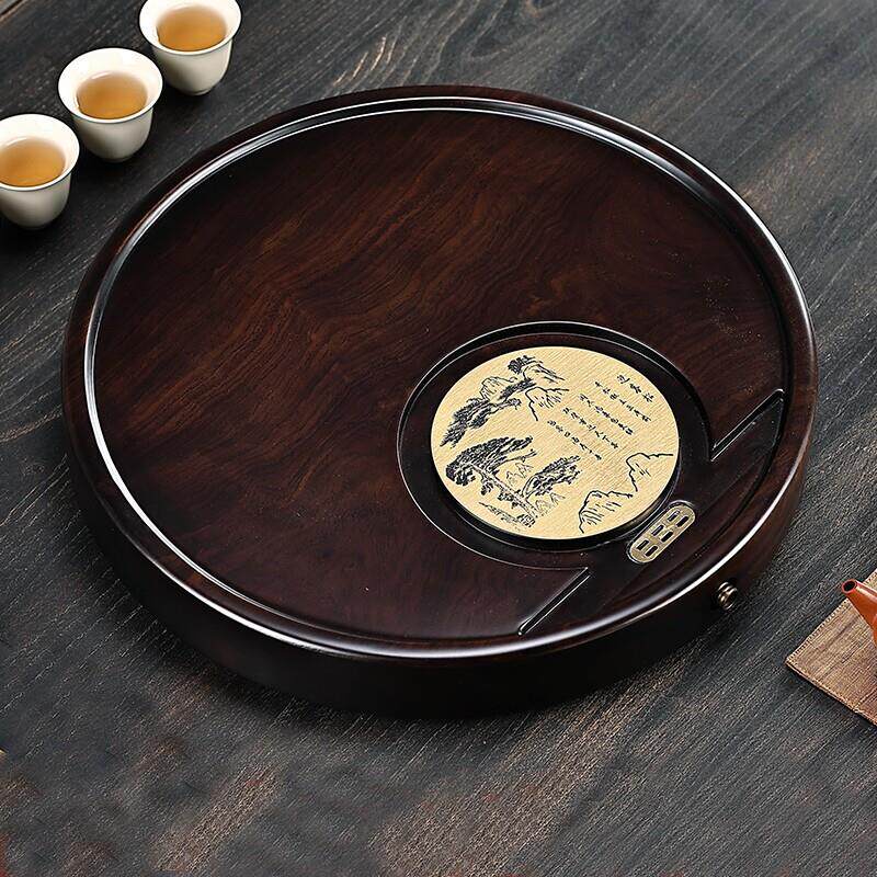 圆形茶盘家用排水干泡简约小型黑檀木实木茶台办公室功夫茶具茶海