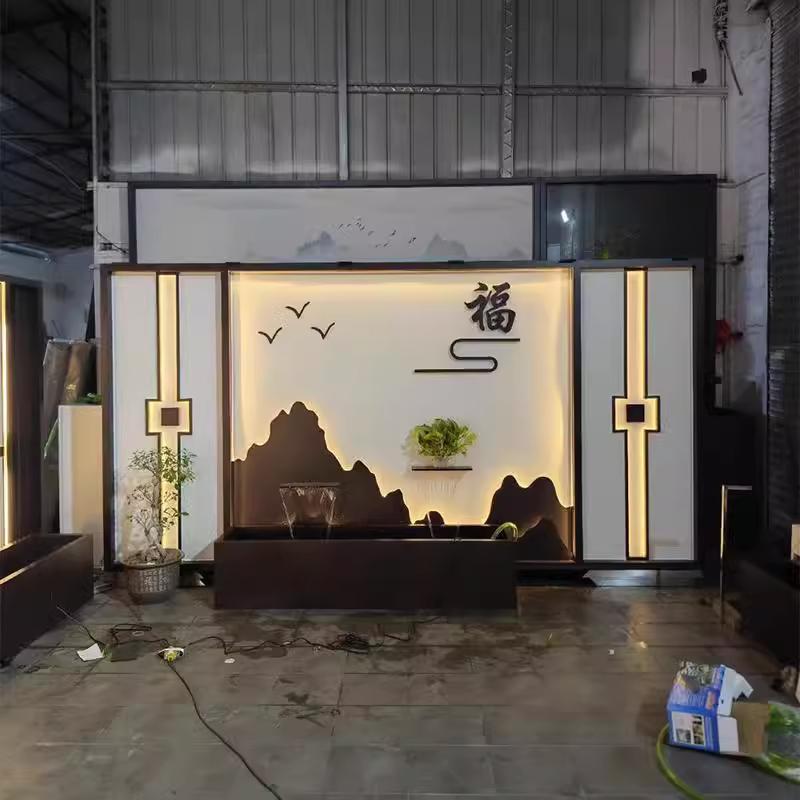 定制流水景墙新中式不锈钢深咖色园林别墅庭院入户隔断影壁墙屏风