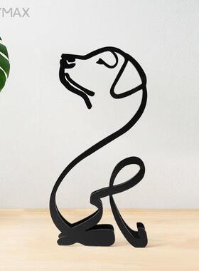 卡通创意桌面摆件现代铁艺狗模型简约3D线条工艺品客厅旺财装饰品