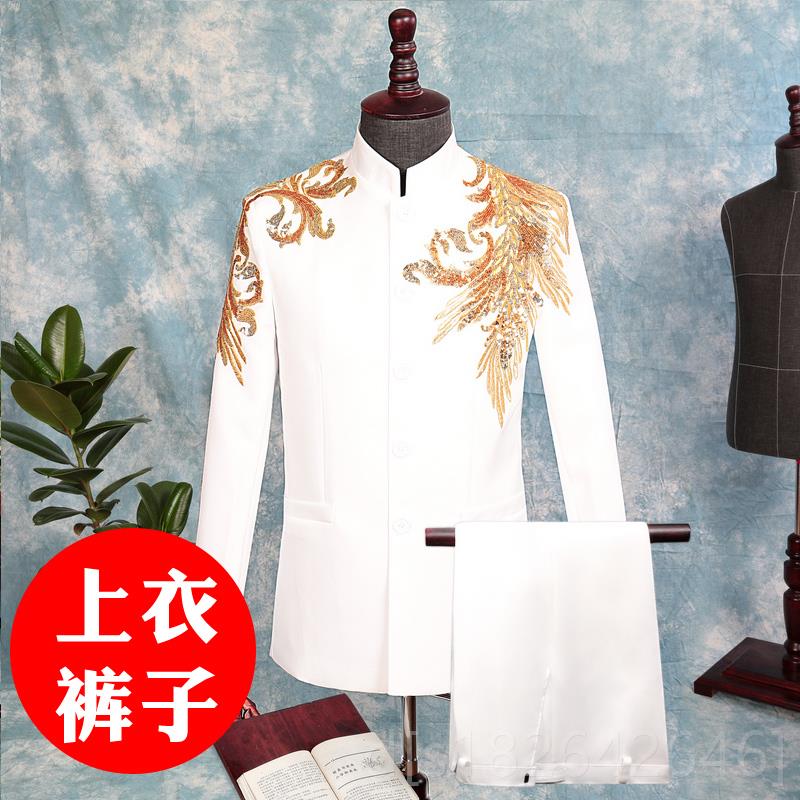 高档唱中礼风中山装中山服绣花中式国婚男士主持人礼服唐装大合演