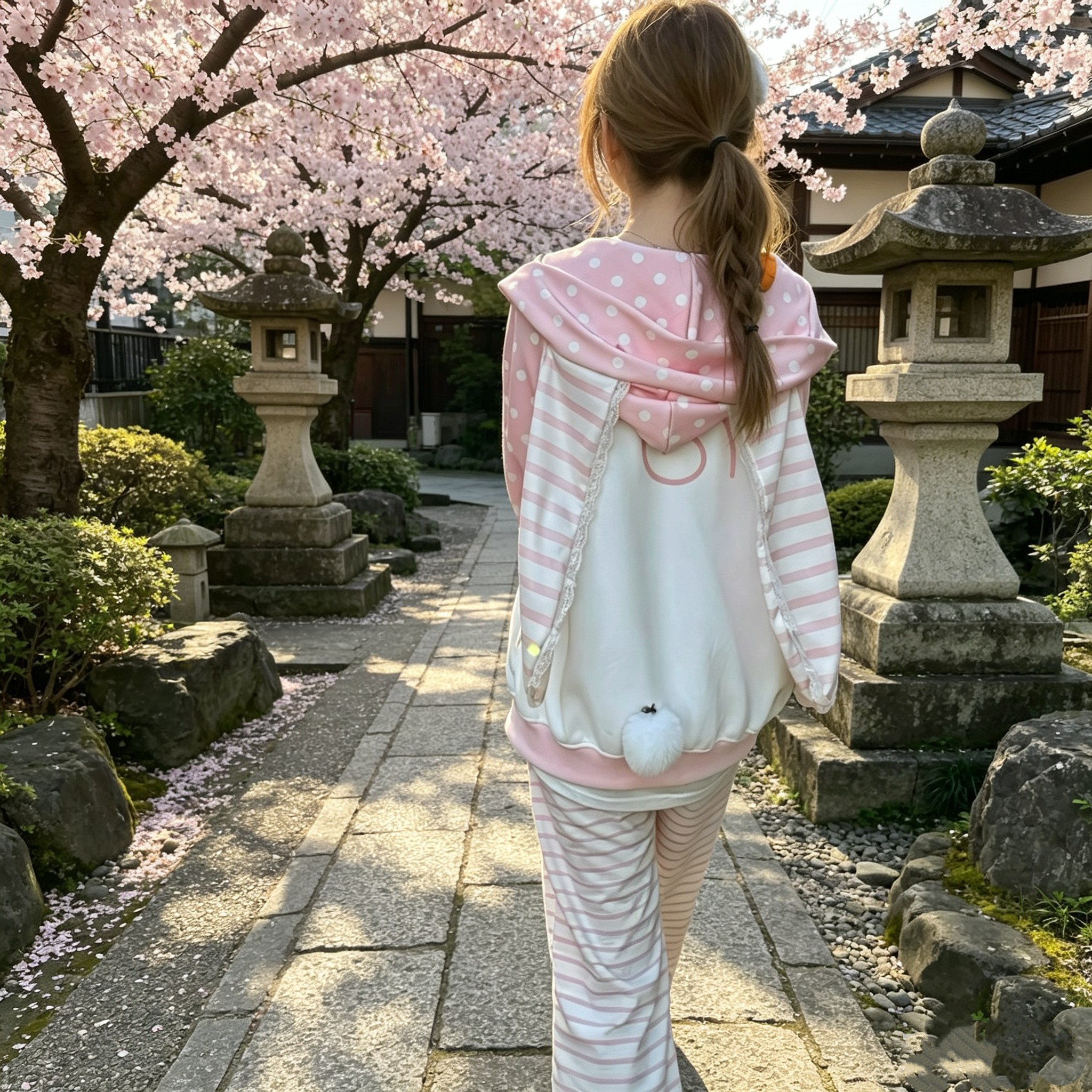 长耳朵兔子帽衫可爱甜美系外套新款春秋薄款波点少女心上衣连帽