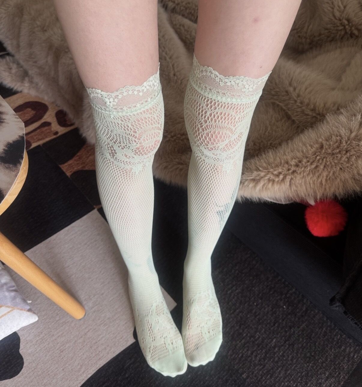春夏柔和粉彩系少女蕾丝花边渔网袜显瘦过膝小腿两穿堆堆袜女