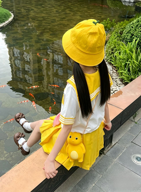 2026夏季套装短袖短裤少女百褶裙可爱黄色两件套jk水手服新款