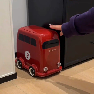 红色巴士垃圾桶新款趣味创意便携式移动垃圾桶客厅卧室卫生间带盖