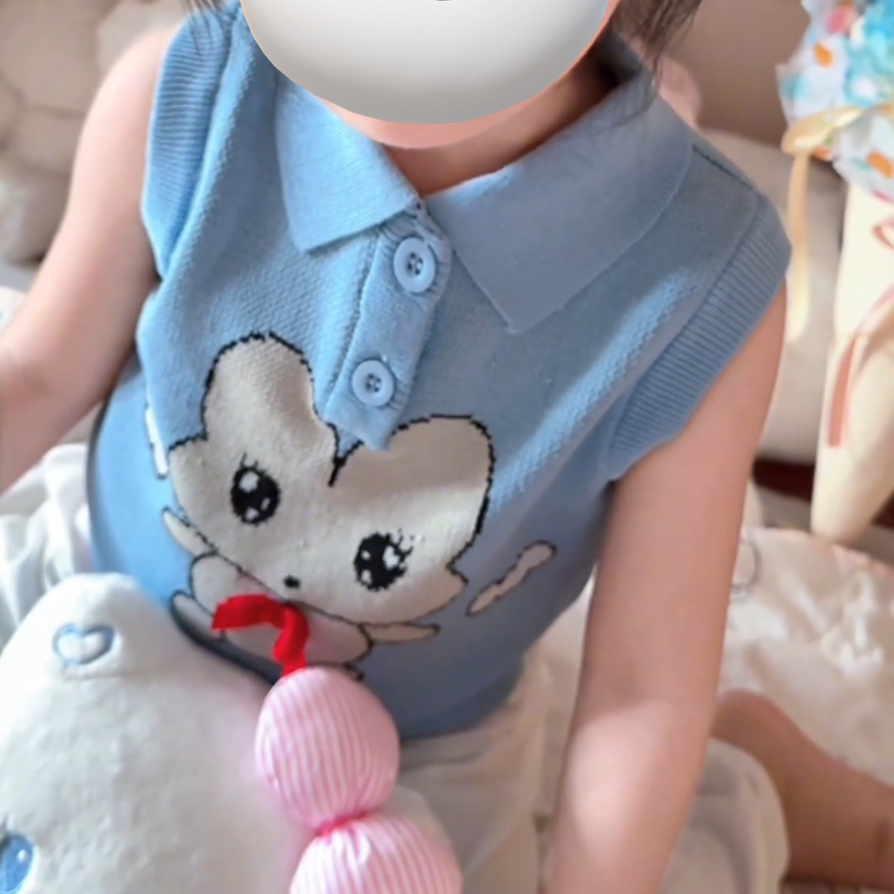 无袖Polo领子蓝色卡通上衣新款夏季女童可爱韩版T恤兔子