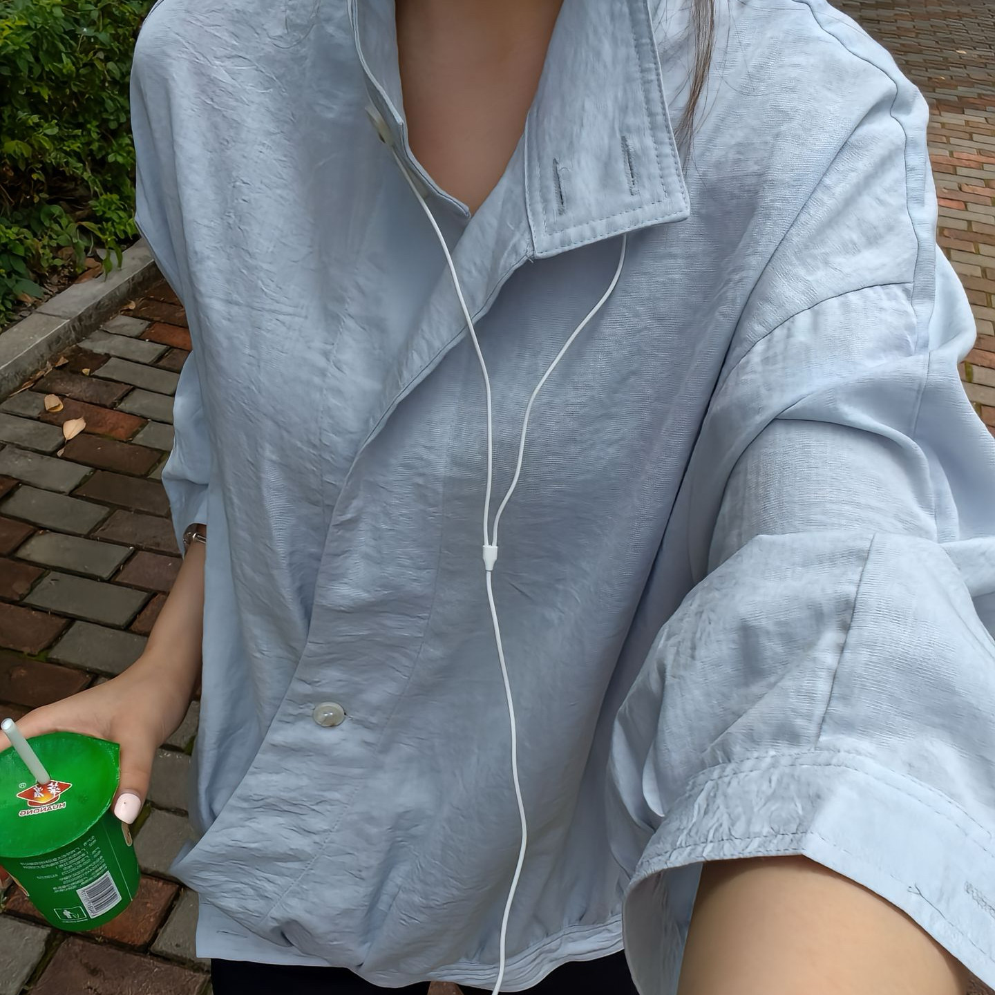雾霾蓝防晒罩衫女新款夏季薄款透气百搭气质上衣长袖立领落肩