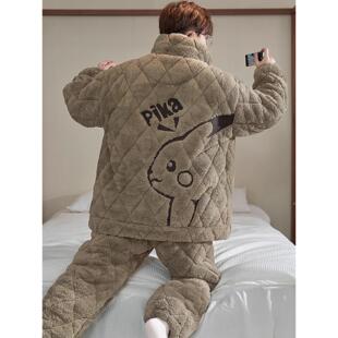 睡衣男款冬季珊瑚绒加厚加绒三层夹棉冬款男士青少年学生大童套装