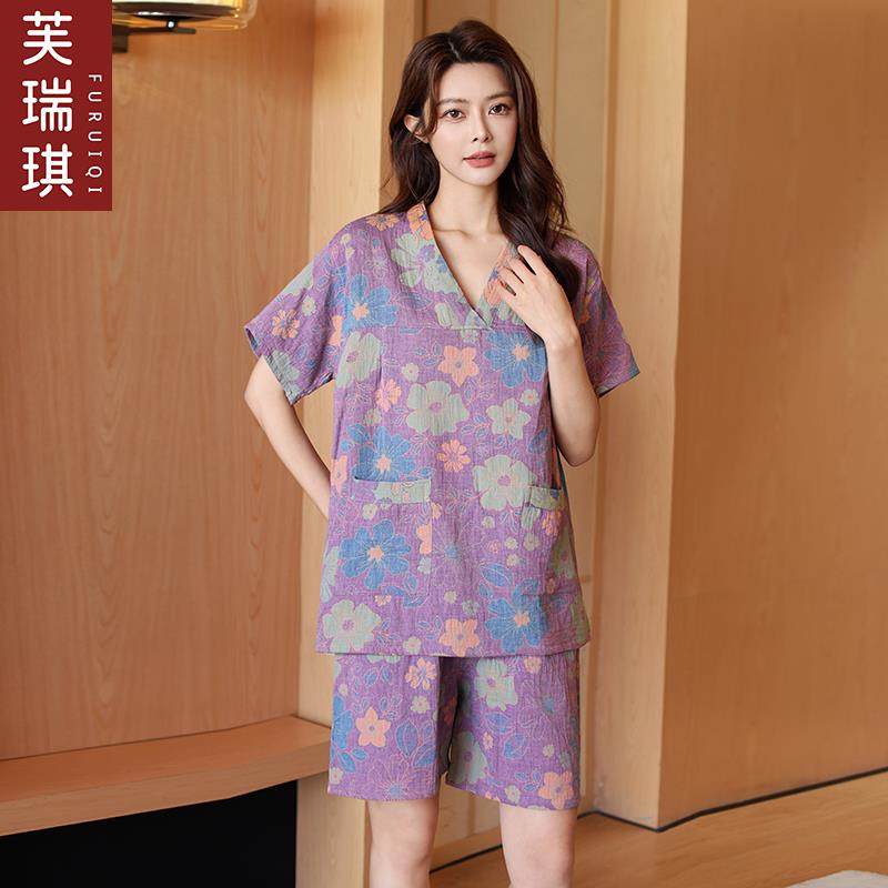 芙瑞琪 纯棉家居睡衣女款汗蒸服情侣款洗浴大尺码男款浴衣桑拿服