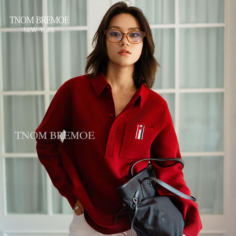 潮牌同款本命年酒红色V领毛衣