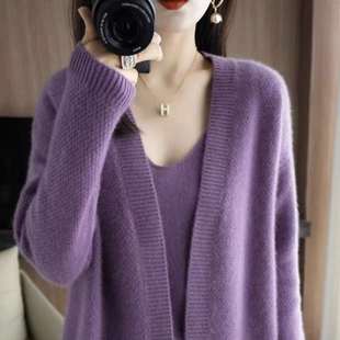 卡其色慵懒风v领软糯针织开衫 上衣 秋冬外穿毛衣外套女装 宽松短款