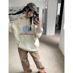宽松中长款 胖mm秋冬大码 美式 加绒加厚连帽卫衣女2024新款 遮肉 爆款
