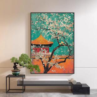喜上眉梢新中式玄关装饰画客厅沙发背景抽象故宫红墙梅花覆古挂画