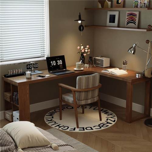 实木转角书桌带柜子家用电脑桌台式卧室墙角l型办公桌学生写字桌