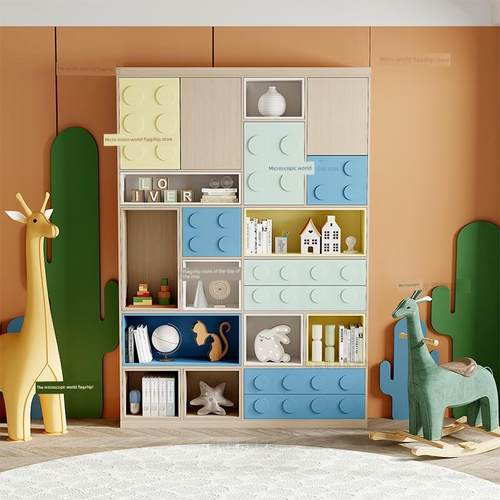 儿童实木书柜收纳柜展示柜幼儿园储物柜书架置物架落地多层格子柜