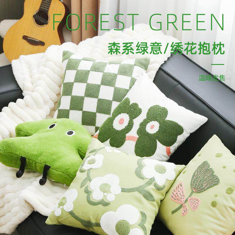 绿色网红款小花全棉帆布绣花抱枕抱枕套客厅沙发靠垫样板间靠枕套