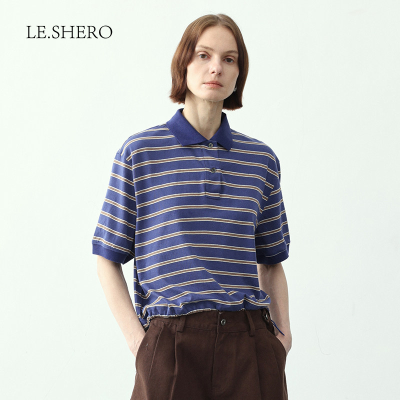 LE.SHERO条纹抽绳下摆polo领短袖t恤女夏季2025新款休闲百搭上衣