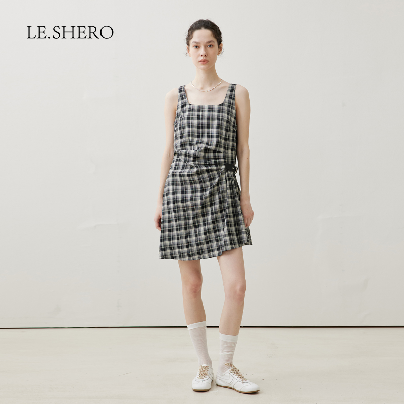 LESHERO气质复古格纹连衣裙女夏