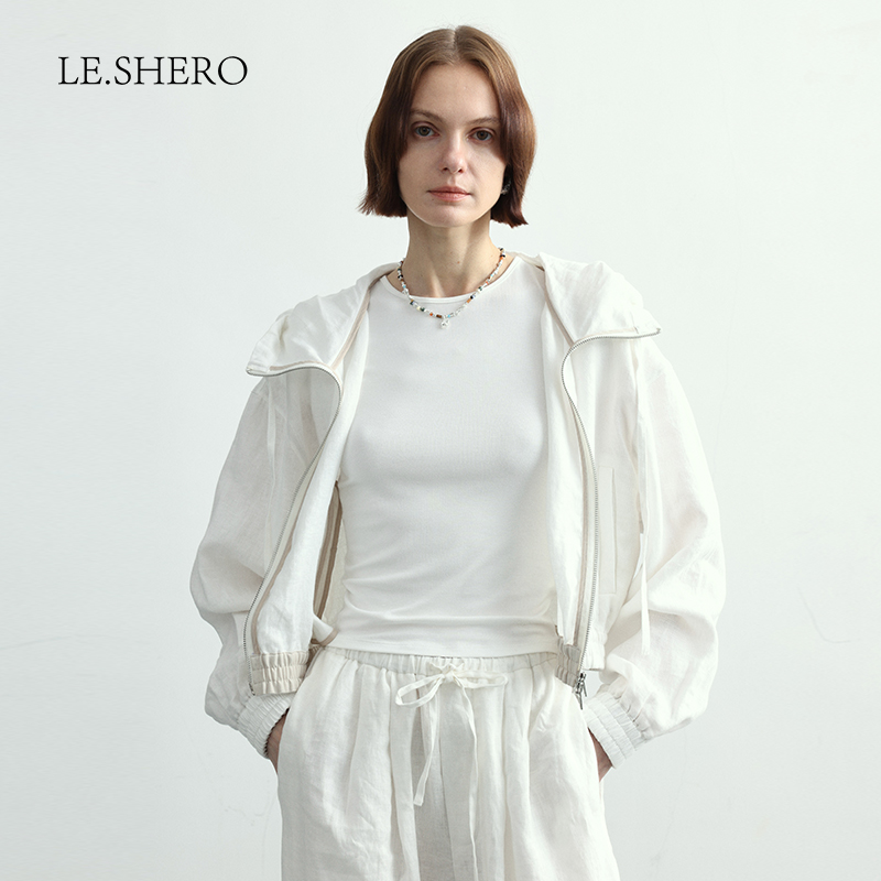 LE.SHERO日系简约防晒衣亚麻薄外套女春夏季2025新款宽松连帽上衣