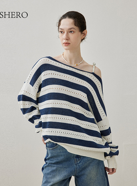 LE.SHERO原创设计不规则露肩长袖条纹毛针织衫女夏季百搭简约上衣