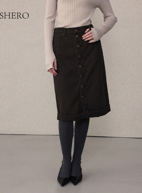 LE.SHERO原创设计时尚休闲排扣荃棉牛仔中长款半身裙