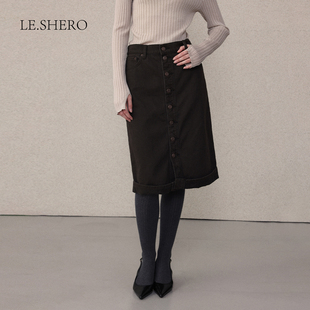 LE.SHERO原创设计时尚 半身裙 休闲排扣荃棉牛仔中长款