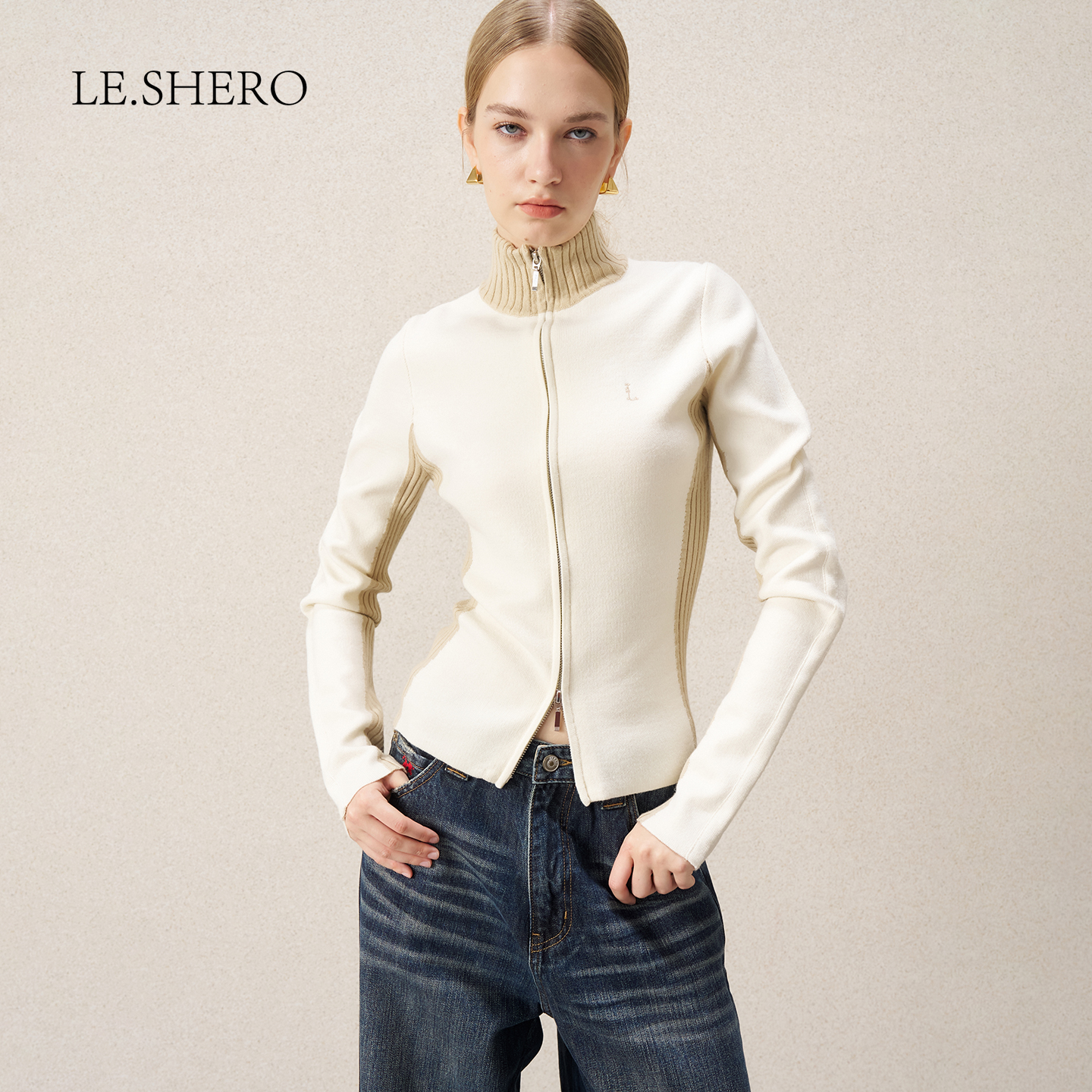 半高领撞色修身拉链毛衣女