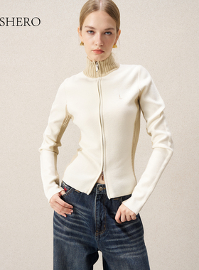 LE.SHERO原创设计简约半高领撞色修身拉链毛衣女秋冬羊毛开衫外套