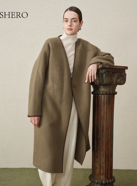 LE.SHERO原创设计气质开襟系带幼年羊驼毛长款双面呢手工大衣
