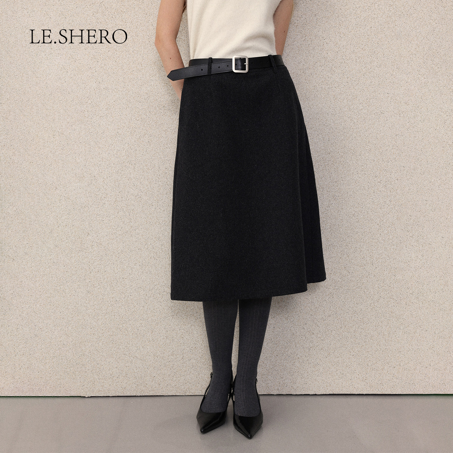 shero原创设计简约休闲配腰带a字羊绒羊毛百搭单面呢半身裙