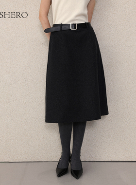 LE.SHERO原创设计简约休闲配腰带a字羊绒羊毛百搭单面呢半身裙