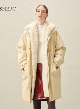 LE.SHERO原创设计中长款鸭绒时尚拼毛料内里羽绒服保暖外套大衣