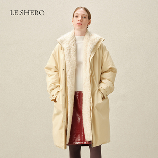 LE.SHERO原创设计中长款 拼毛料内里羽绒服保暖外套大衣 鸭绒时尚