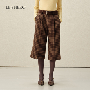 LE.SHERO原创设计简约百搭轻复古气质格纹中裤 子 宽松直筒裤