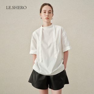 LE.SHERO原创设计匹马棉飘带小立圆领短款上衣女随性通勤短袖衬衫