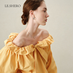 LE.SHERO原创设计荃棉优雅气质花苞领长衬衫 一字肩衬衣上 女灯笼袖