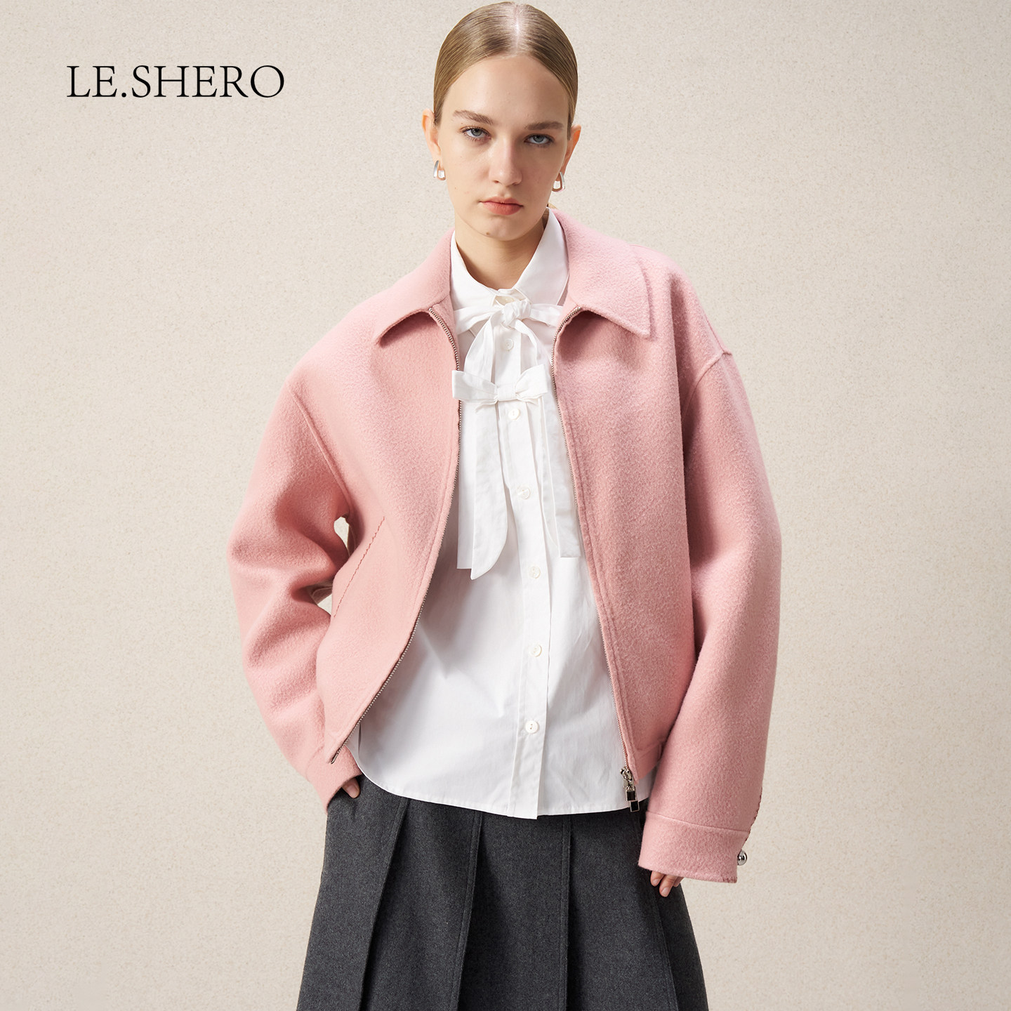 LE.SHERO原创设计竹夹桃粉色翻领拉链毛呢手工大衣女秋冬羊毛外套,女装/女士精品,毛呢外套,淘宝优惠券,粉丝福利购,淘宝优惠卷