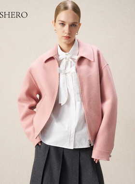 LE.SHERO原创设计竹夹桃粉色翻领拉链毛呢手工大衣女秋冬羊毛外套