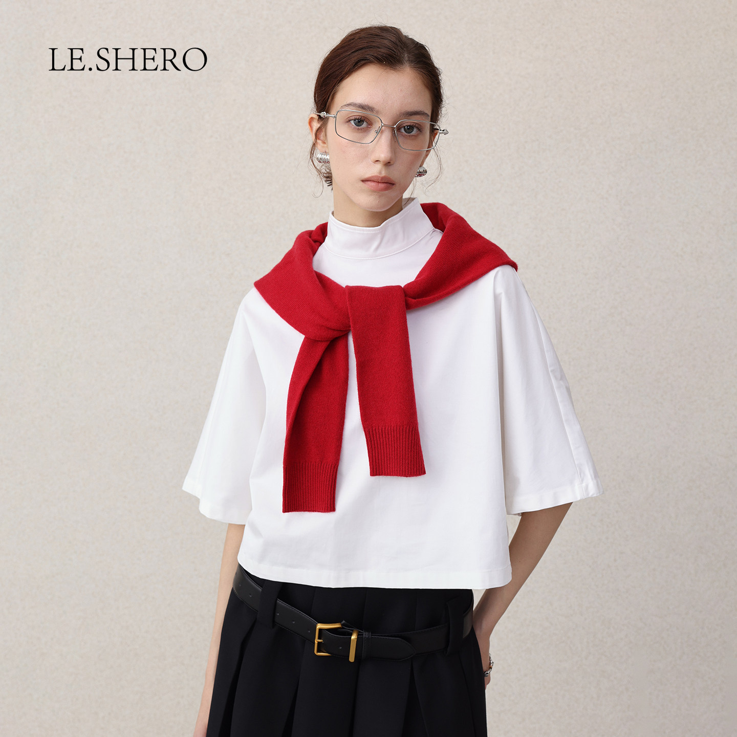 LE.SHERO原创设计简约时尚圆立领短罩衫上衣女半袖小高领衬衫