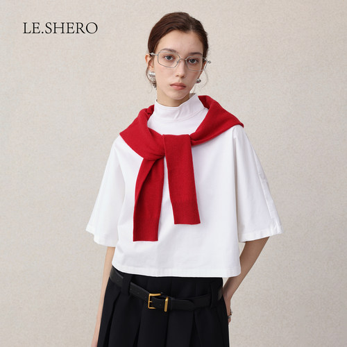 LE.SHERO原创设计简约时尚圆立领短罩衫上衣女半袖小高领衬衫